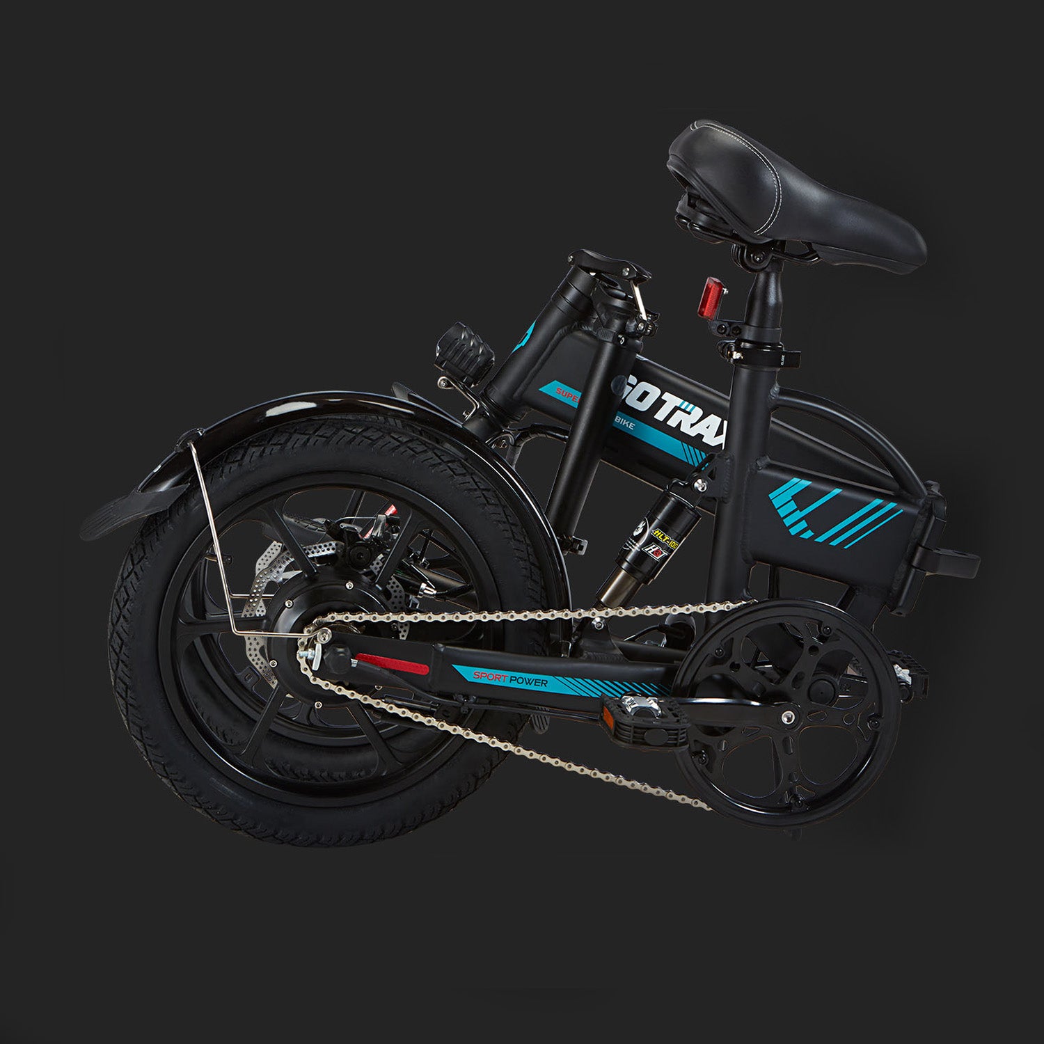GOTRAX Black EBE1 Foldable Electric Bike with Pedal Assist Technology in the Fully Folded Position