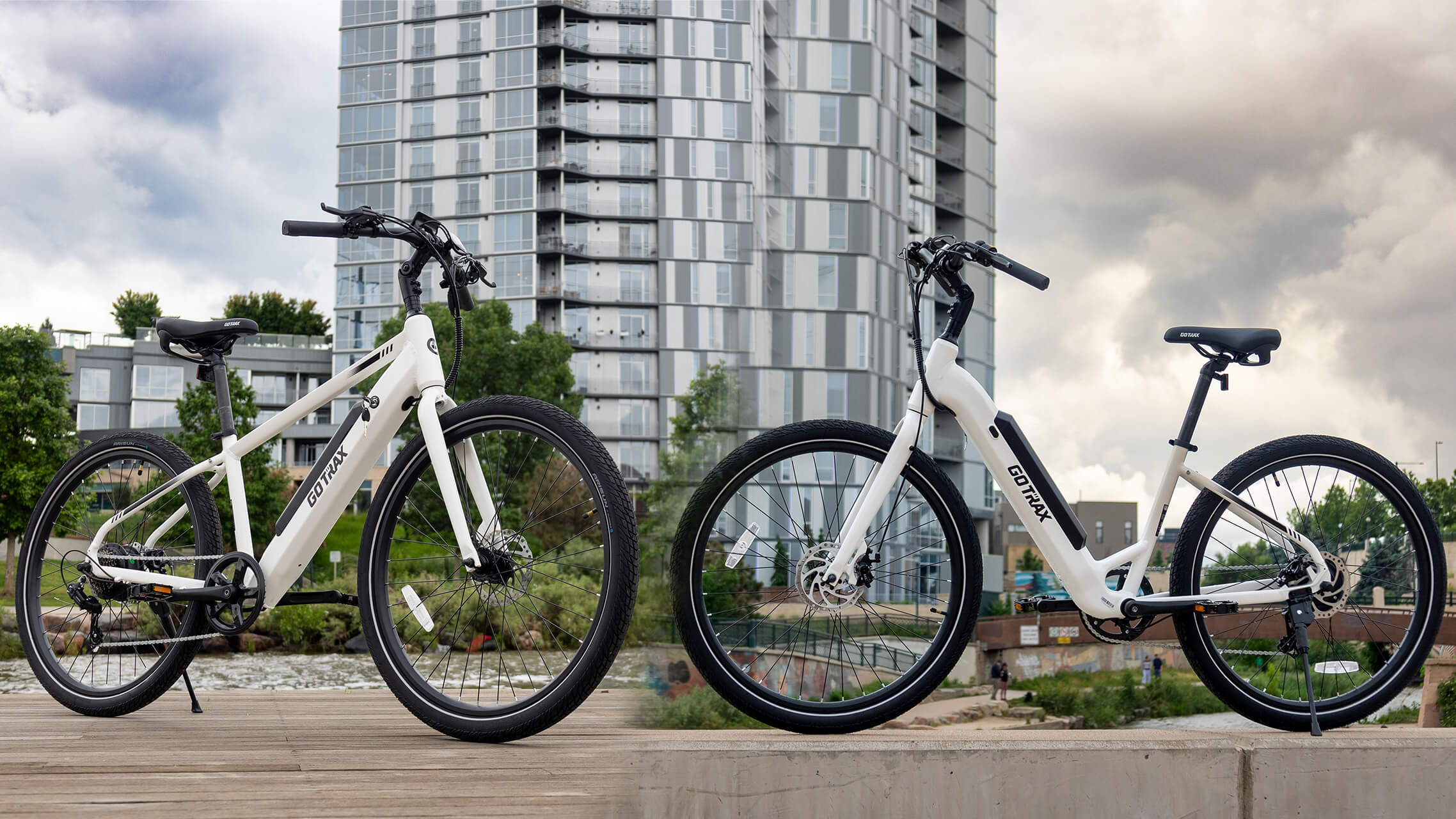 A collage photo of the CTI and CTI Step Thru City Electric Bikes in a City Landscape. 