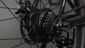 GOTRAX Black Endura Step-Through Electric Bike with Front Wheel Suspension Rear Wheel/Gear Shifter Close-Up