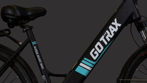 GOTRAX Black Endura Step-Through Electric Bike with Front Wheel Suspension Step-Through Frame/Battery Close-Up