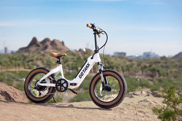 The GOTRAX F5 Foldable Electric Bike on top of a Hill